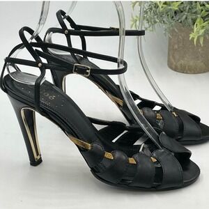 Chloé Vintage Black Leather
Scalloped Cage Gold Sandals Heels
Sz 36/5-5.5